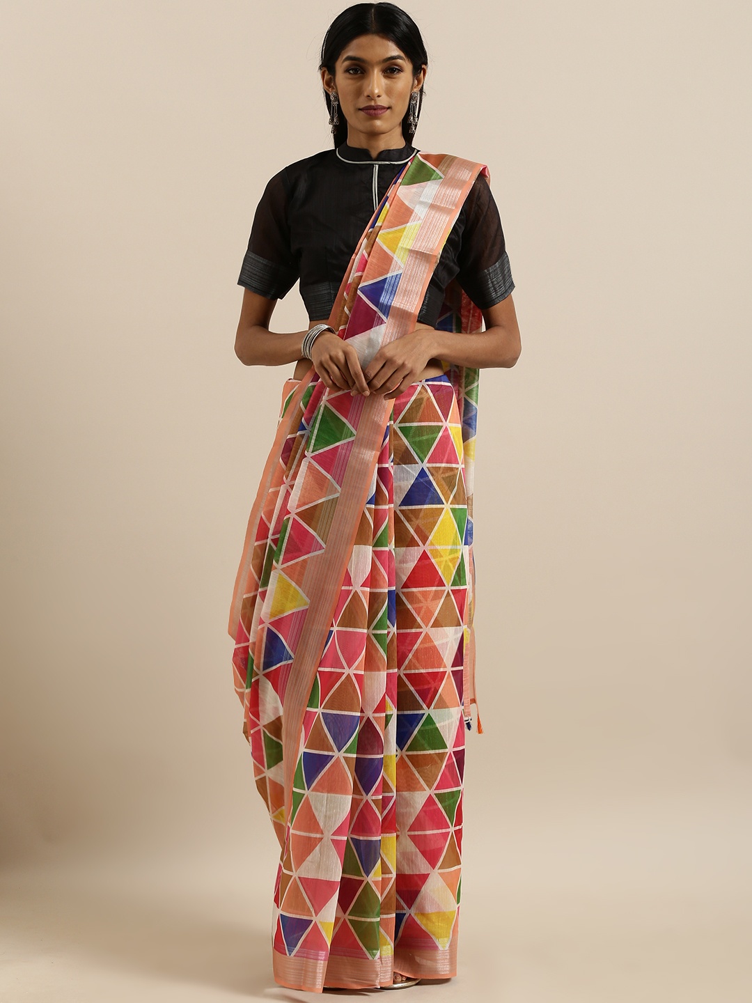 

SHAVYA Multicoloured Printed Linen Blend Saree, Multi