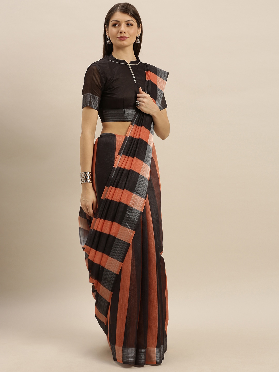 

SHAVYA Black & Orange Soft Linen Blend Striped Saree