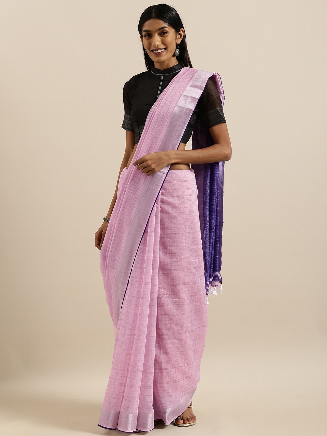 

SHAVYA Pink Solid Linen Blend Saree