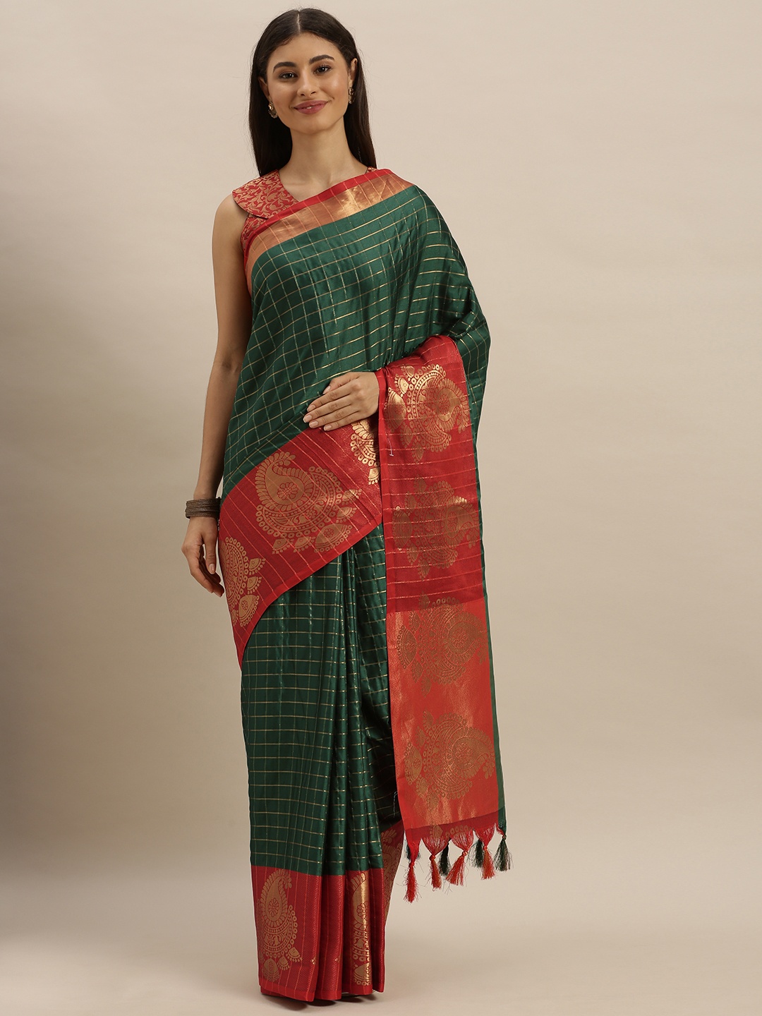 

SHAVYA Green & Gold-Toned Pure Silk Checked Banarasi Saree