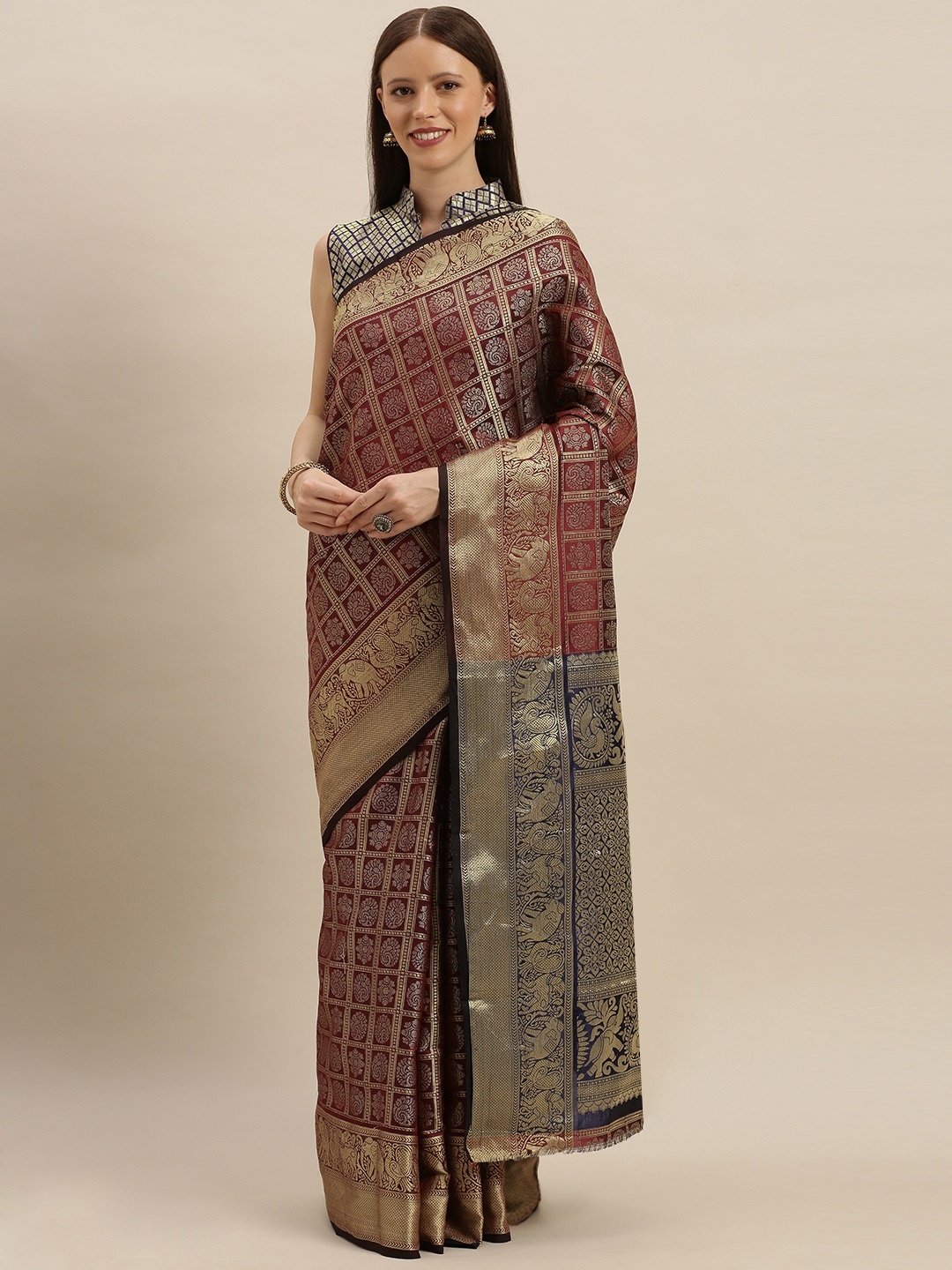 

SHAVYA Maroon & Navy Blue Pure Silk Woven Design Patola Saree