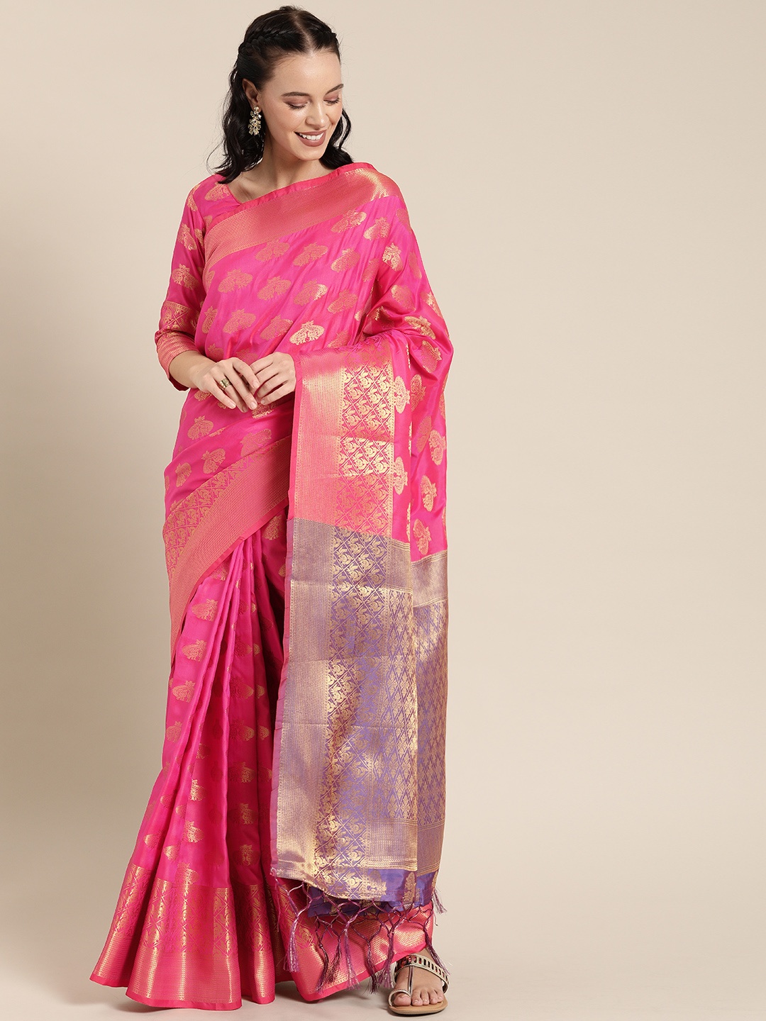 

SHAVYA Fuchsia & Gold-Toned Pure Silk Woven Design Banarasi Saree