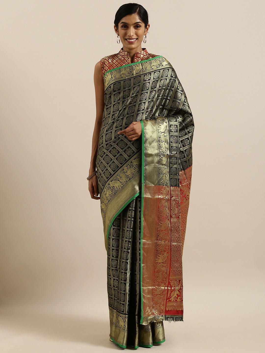 

SHAVYA Black & Golden Pure Silk Woven Design Patola Saree