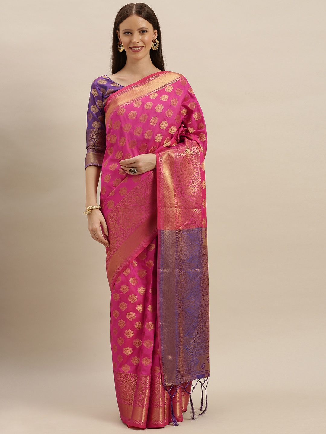 

SHAVYA Fuchsia Pink & Purple Pure Silk Woven Design Banarasi Saree