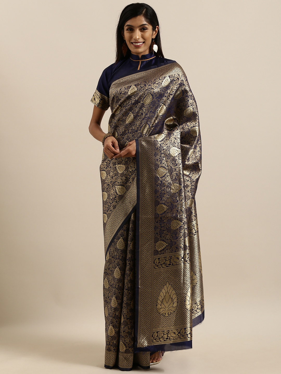 

SHAVYA Navy Blue & Golden Pure Silk Woven Design Banarasi Saree