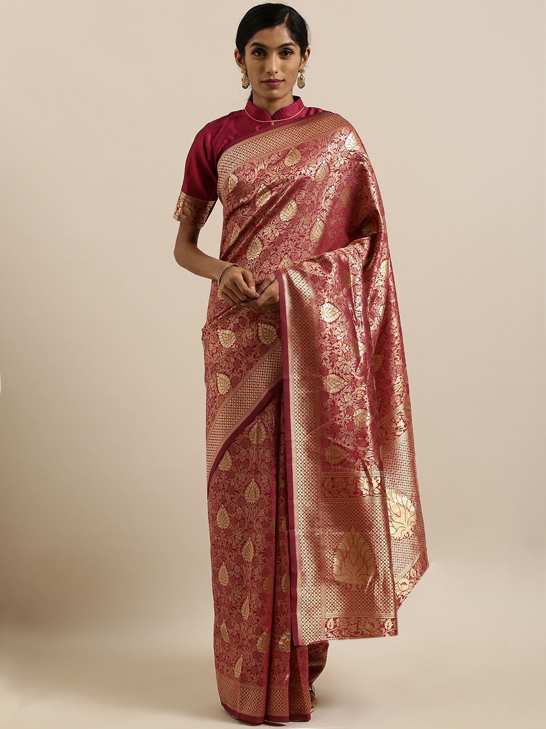 

SHAVYA Red & Gold-Toned Pure Silk Woven Design Banarasi Saree
