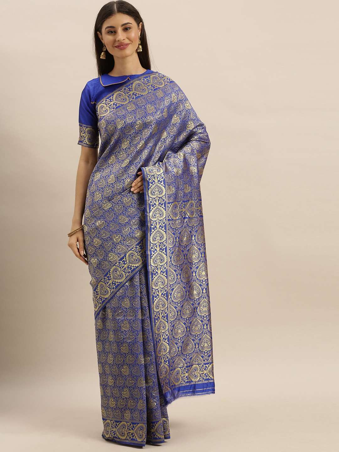 

SHAVYA Blue & Gold-Toned Pure Silk Woven Design Banarasi Saree