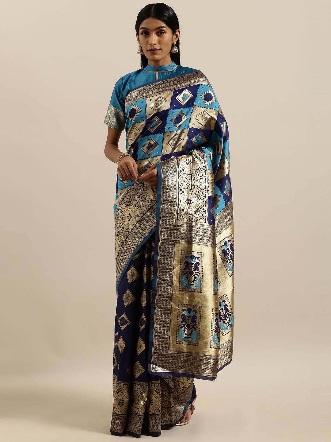 

SHAVYA Blue & Gold-Toned Pure Silk Woven Design Checked Banarasi Saree