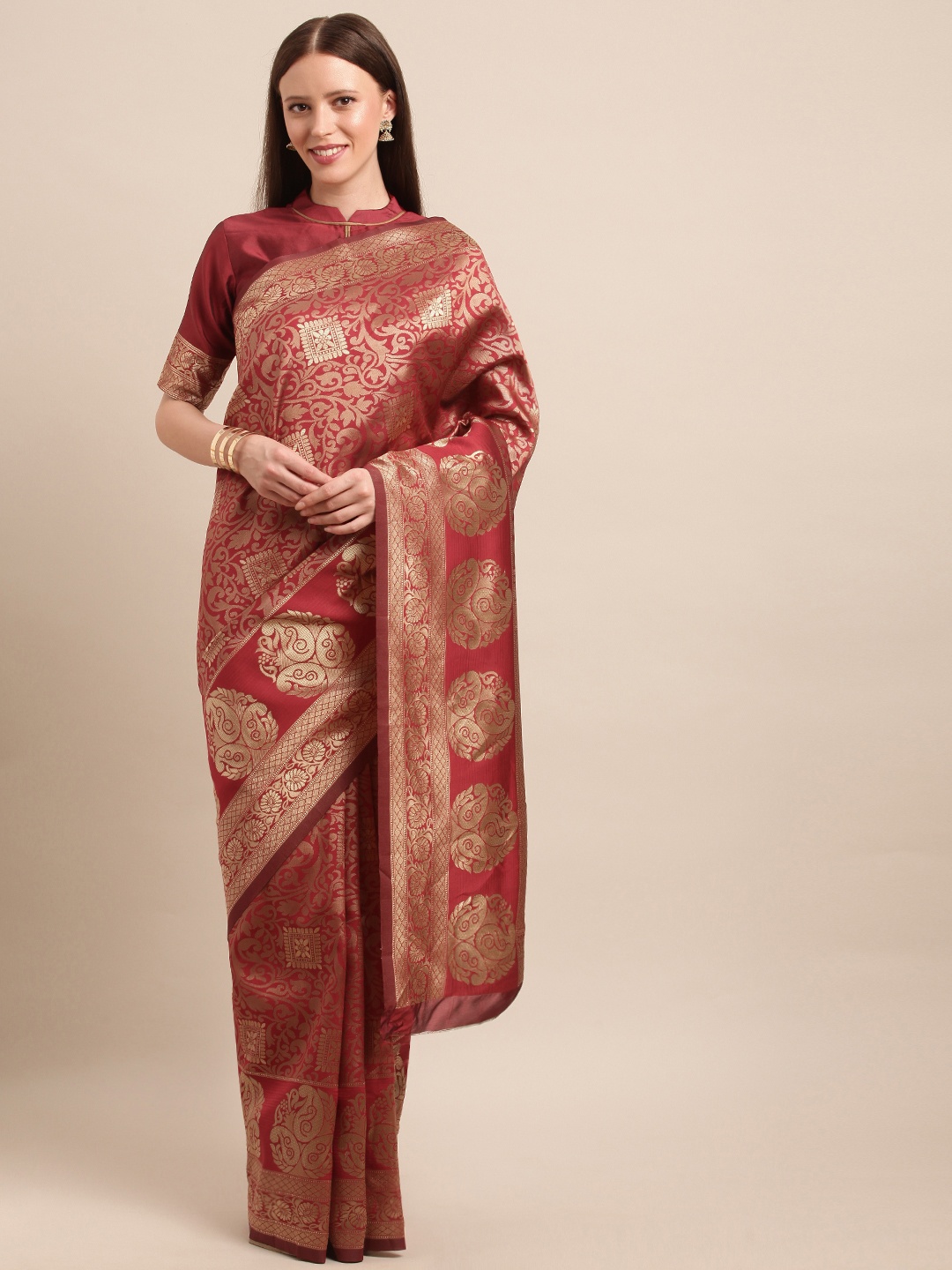 

SHAVYA Maroon & Gold-Toned Pure Silk Woven Design Banarasi Saree