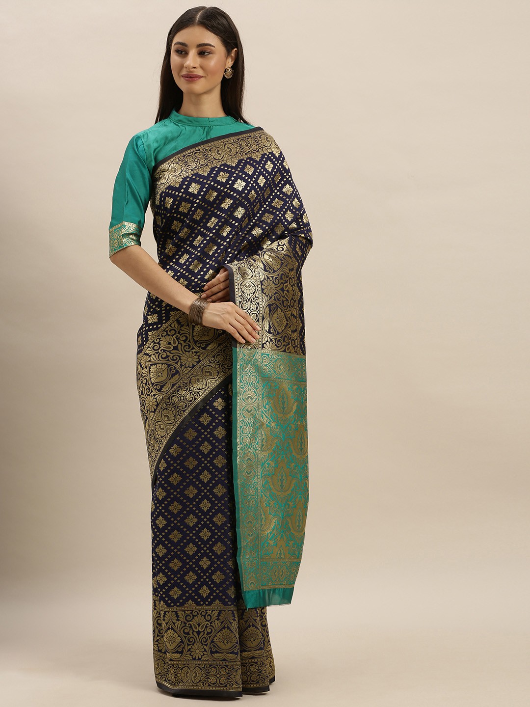 

SHAVYA Navy Blue & Gold-Toned Pure Silk Woven Design Banarasi Saree
