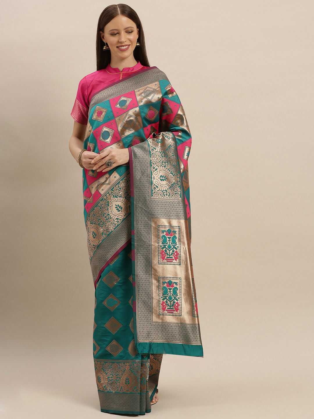 

SHAVYA Fuchsia Pink & Teal Green Pure Silk Checked Banarasi Saree