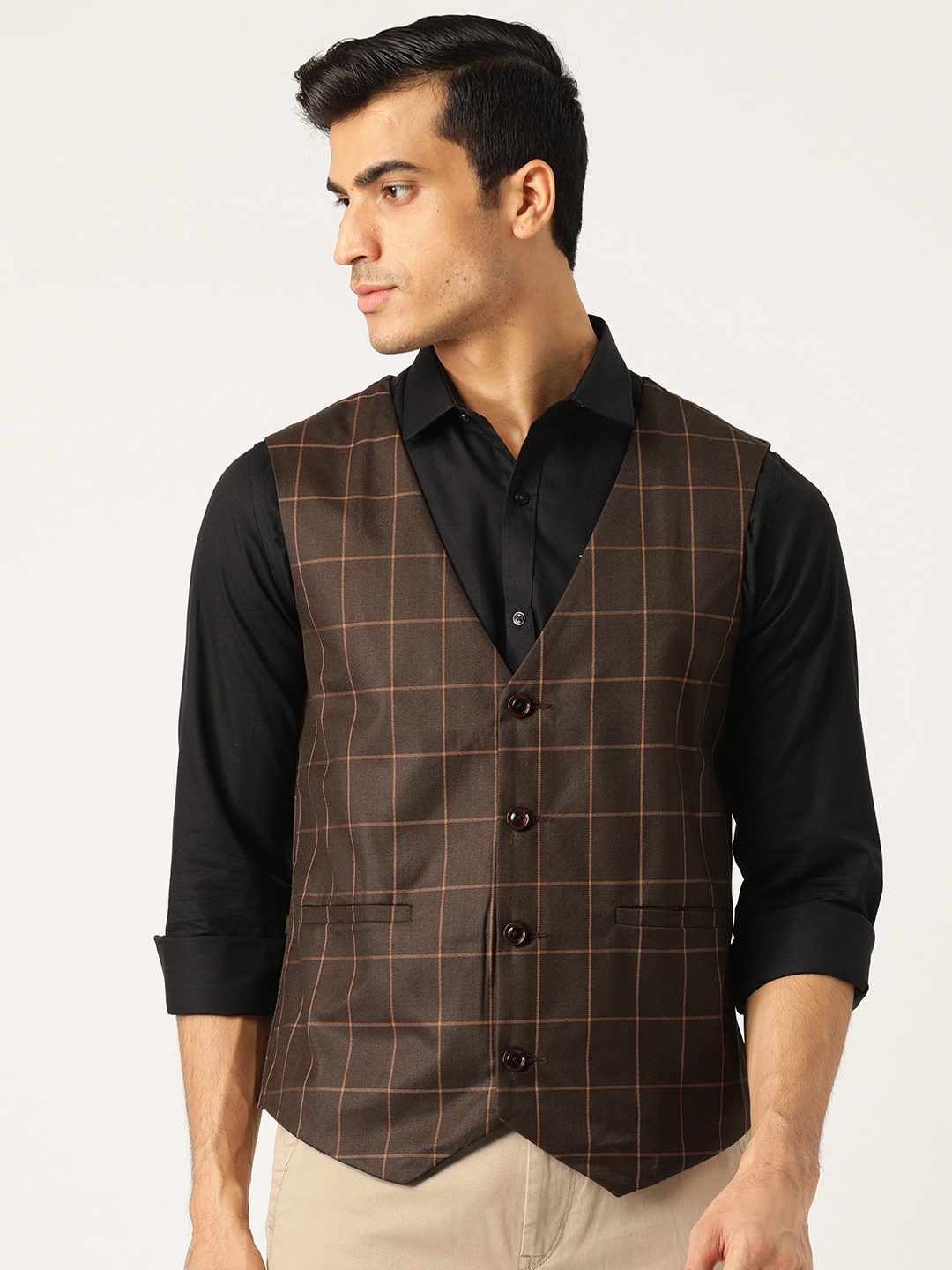 

SOJANYA Men Coffee Brown & Mustard Yellow Checked Formal Waistcoat