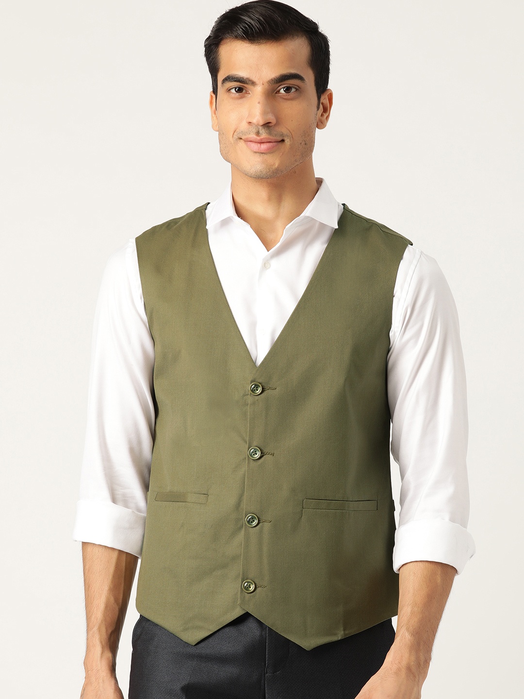 

SOJANYA Men Olive Green Solid Formal Waistcoat