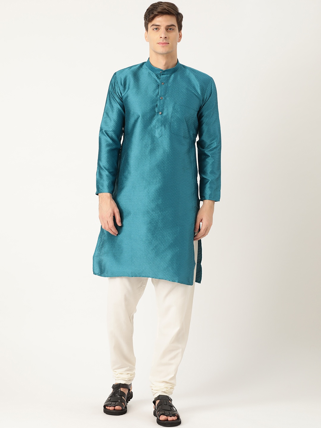 

SOJANYA Men Teal Blue & Off-White Woven Design Kurta with Churidar