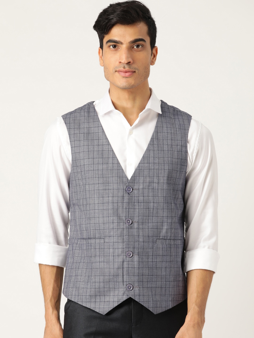 

SOJANYA Men Grey & Navy Blue Checked Waistcoat