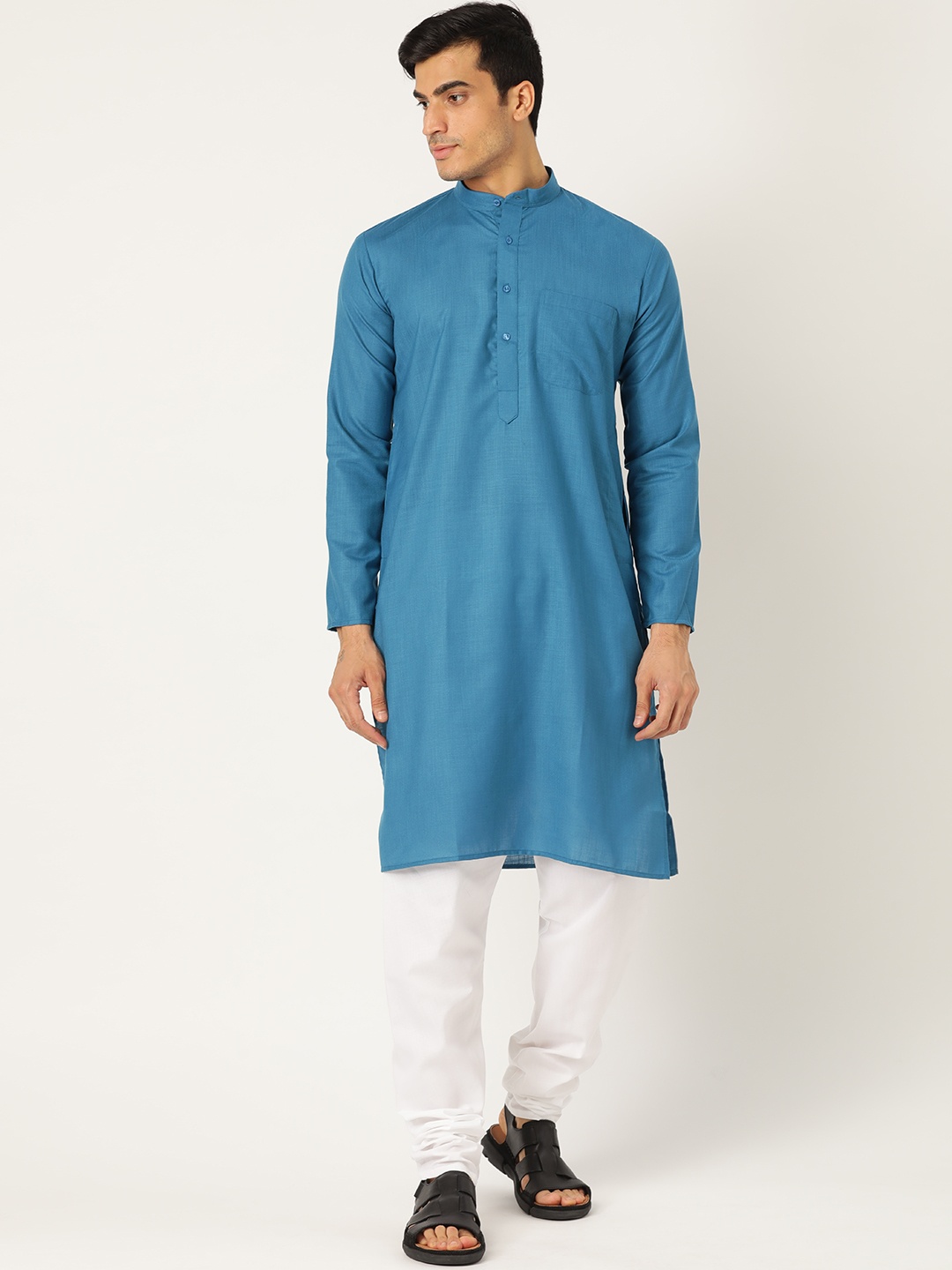 

SOJANYA Men Teal Blue & White Solid Kurta with Churidar
