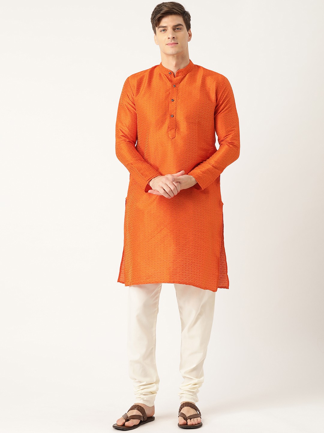 

SOJANYA Men Orange & Off-White Woven Design Kurta with Churidar
