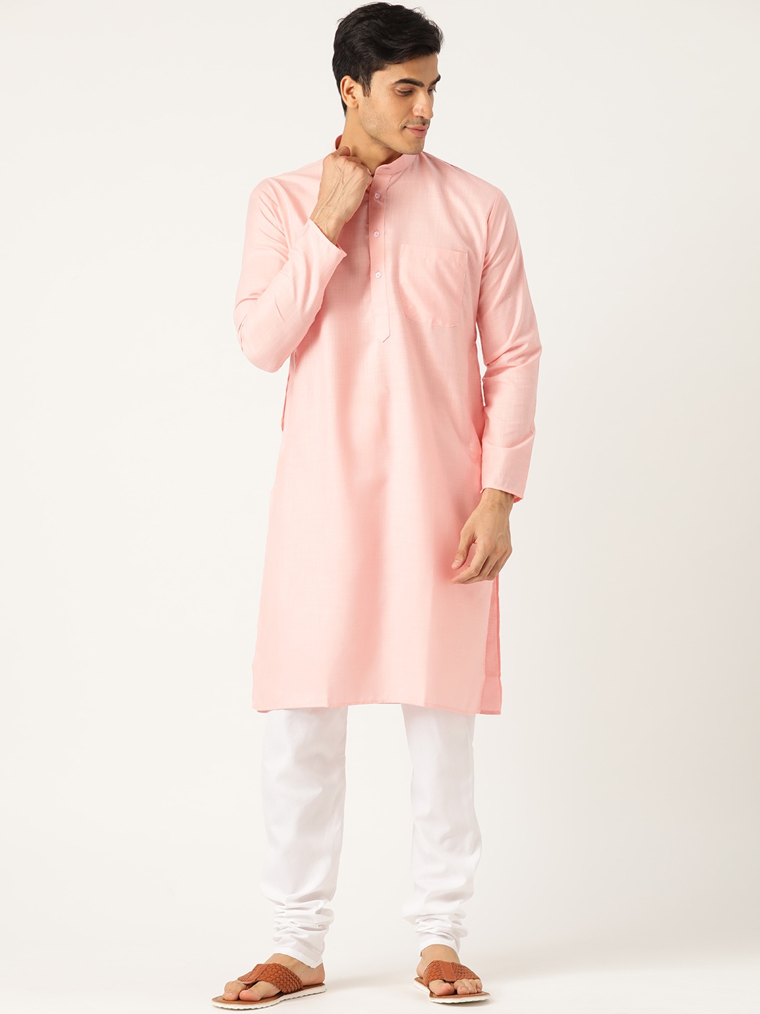 

SOJANYA Men Pink & White Solid Kurta with Churidar