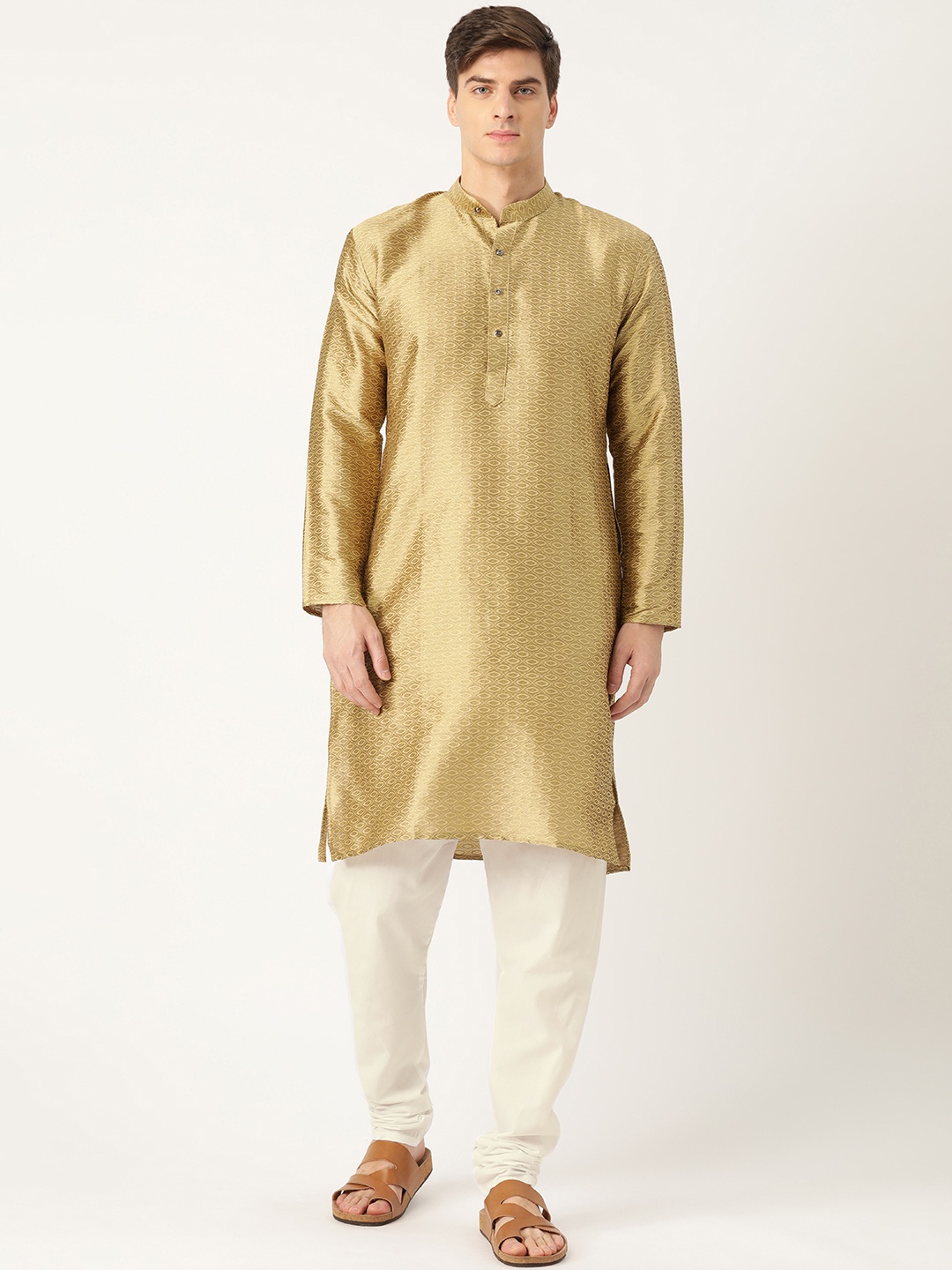 

SOJANYA Men Golden & Off-White Self Design Kurta with Churidar, Gold