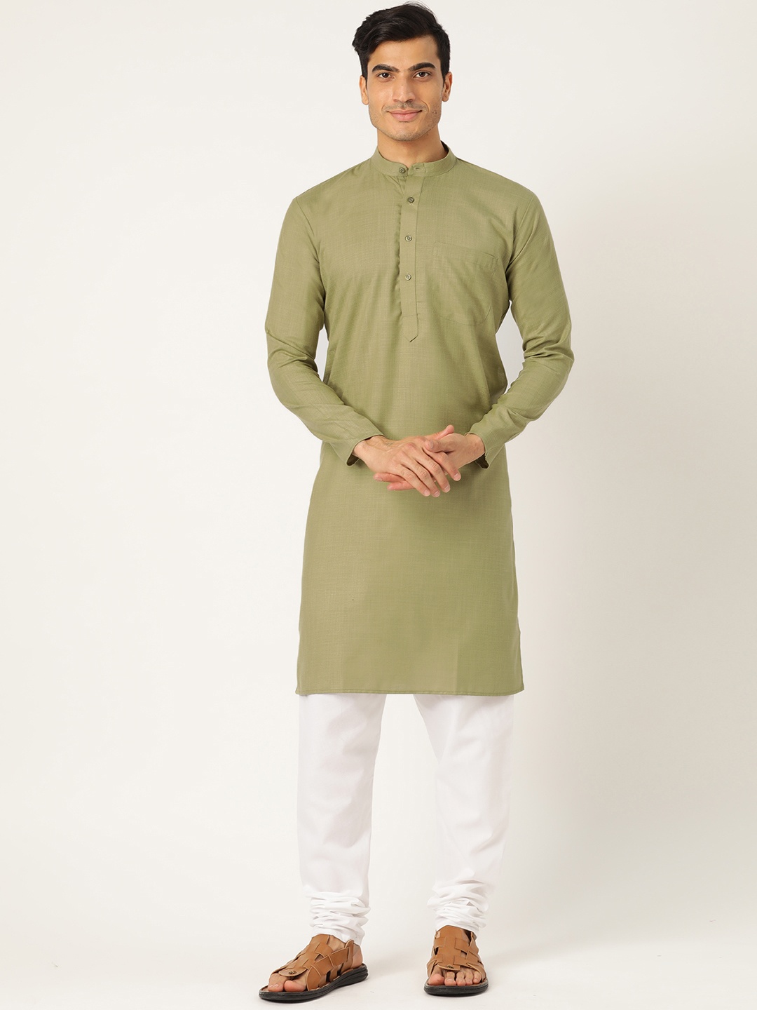 

SOJANYA Men Olive Green & White Solid Kurta with Churidar