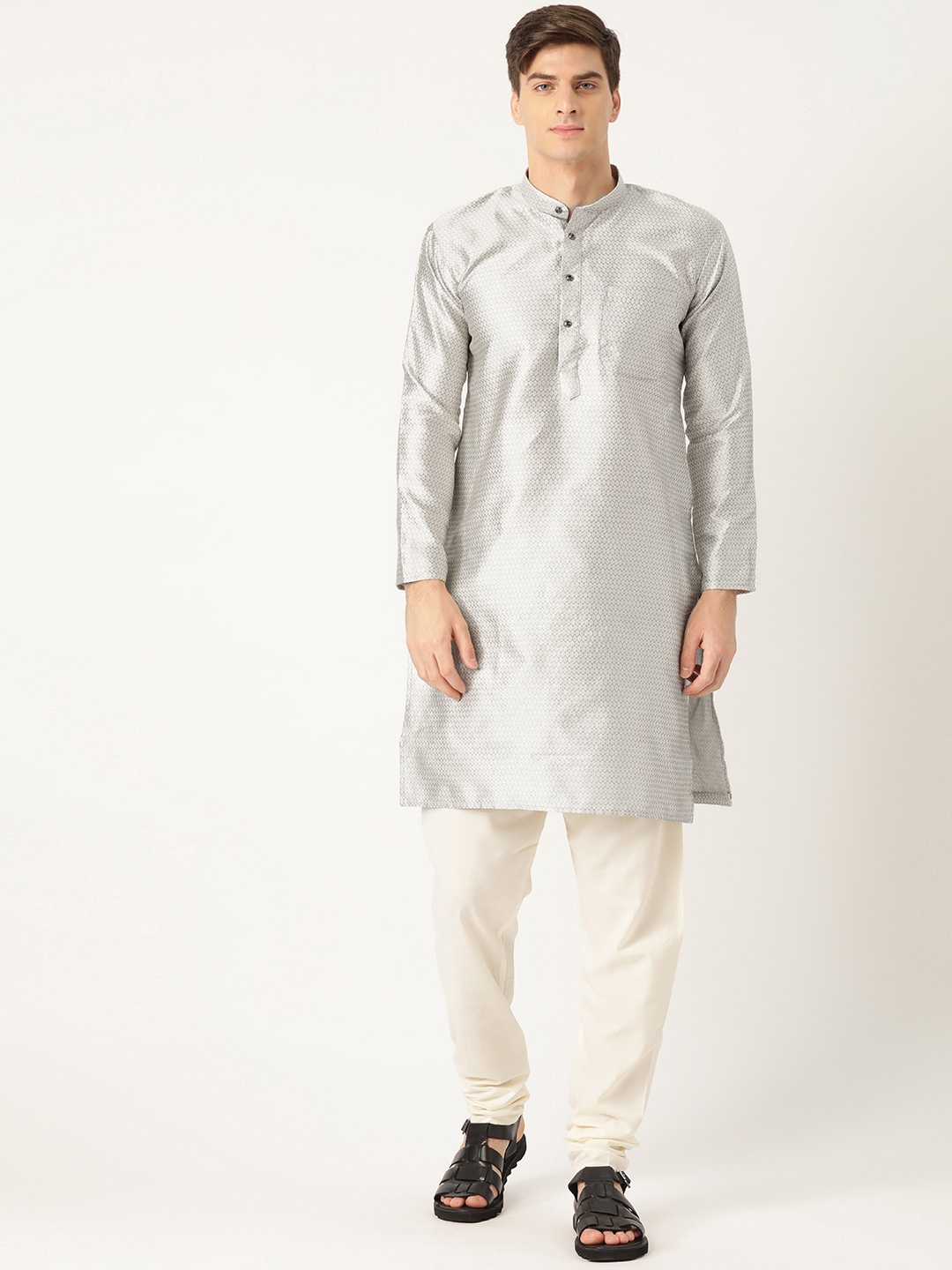 

SOJANYA Men Silver & Off-White Woven Design Kurta with Churidar
