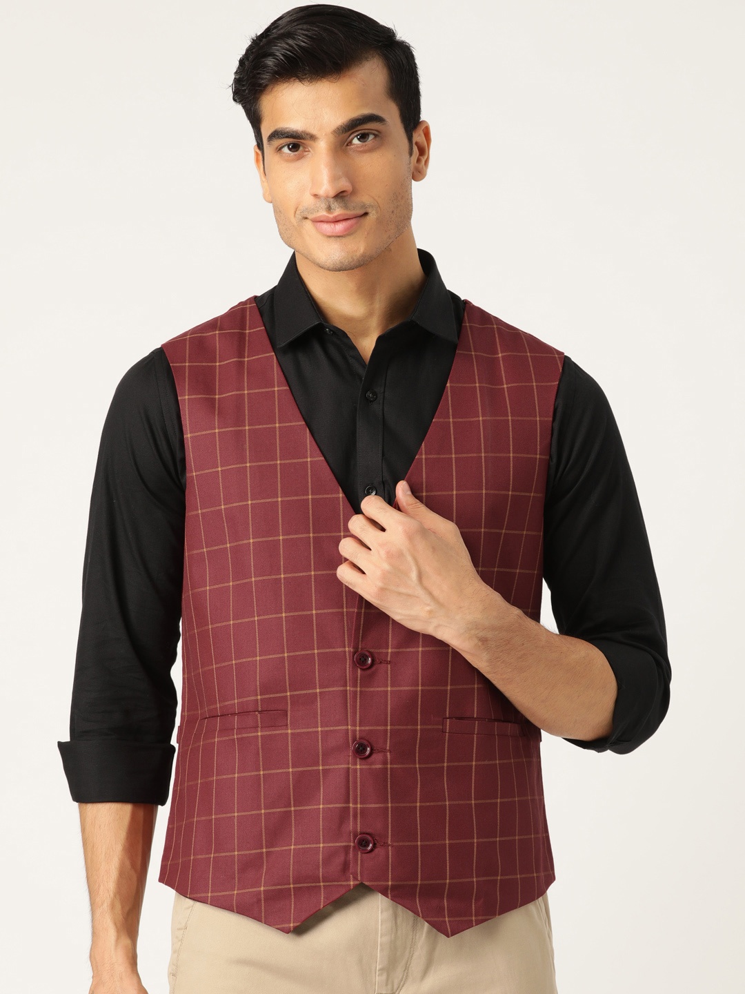 

SOJANYA Men Maroon & Mustard Yellow Checked Formal Waistcoat