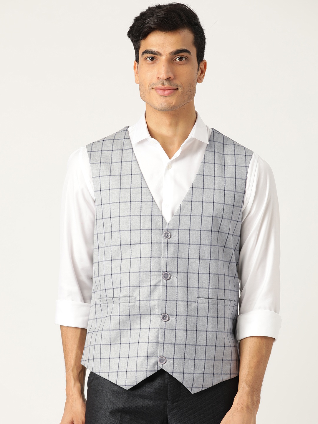 

SOJANYA Men Grey & Navy Blue Checked Formal Waistcoat