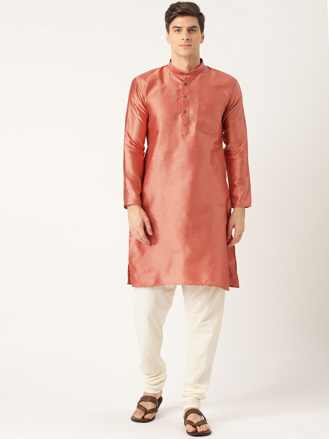 

SOJANYA Men Coral Pink & Off-White Woven Design Kurta with Churidar