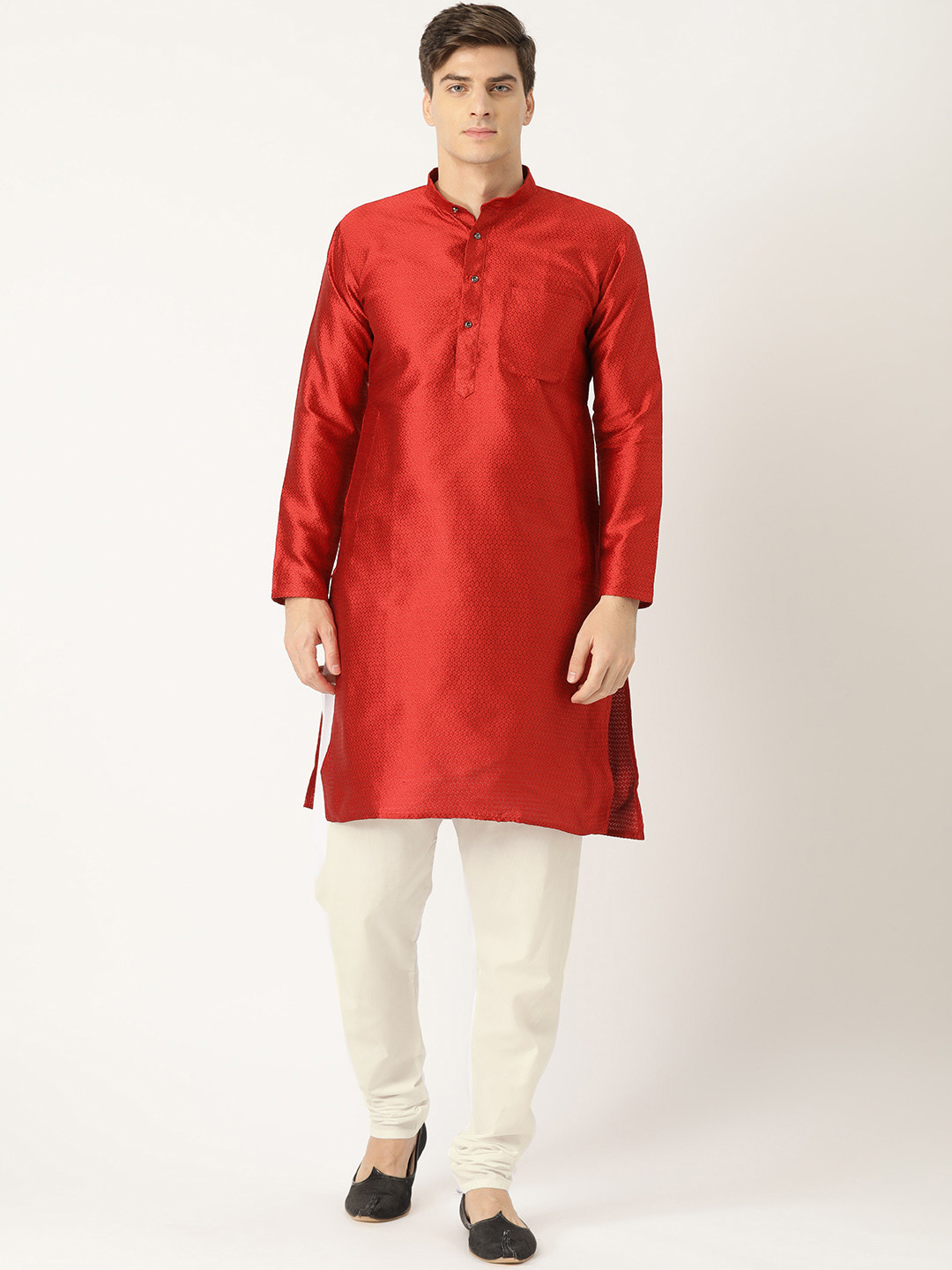 

SOJANYA Men Red & Off-White Self Design Kurta with Churidar