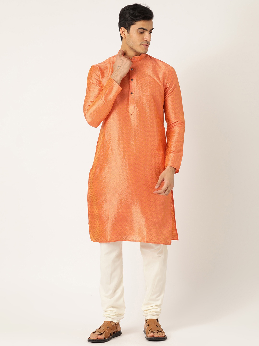

SOJANYA Men Orange & Off-White Woven Design Kurta with Churidar