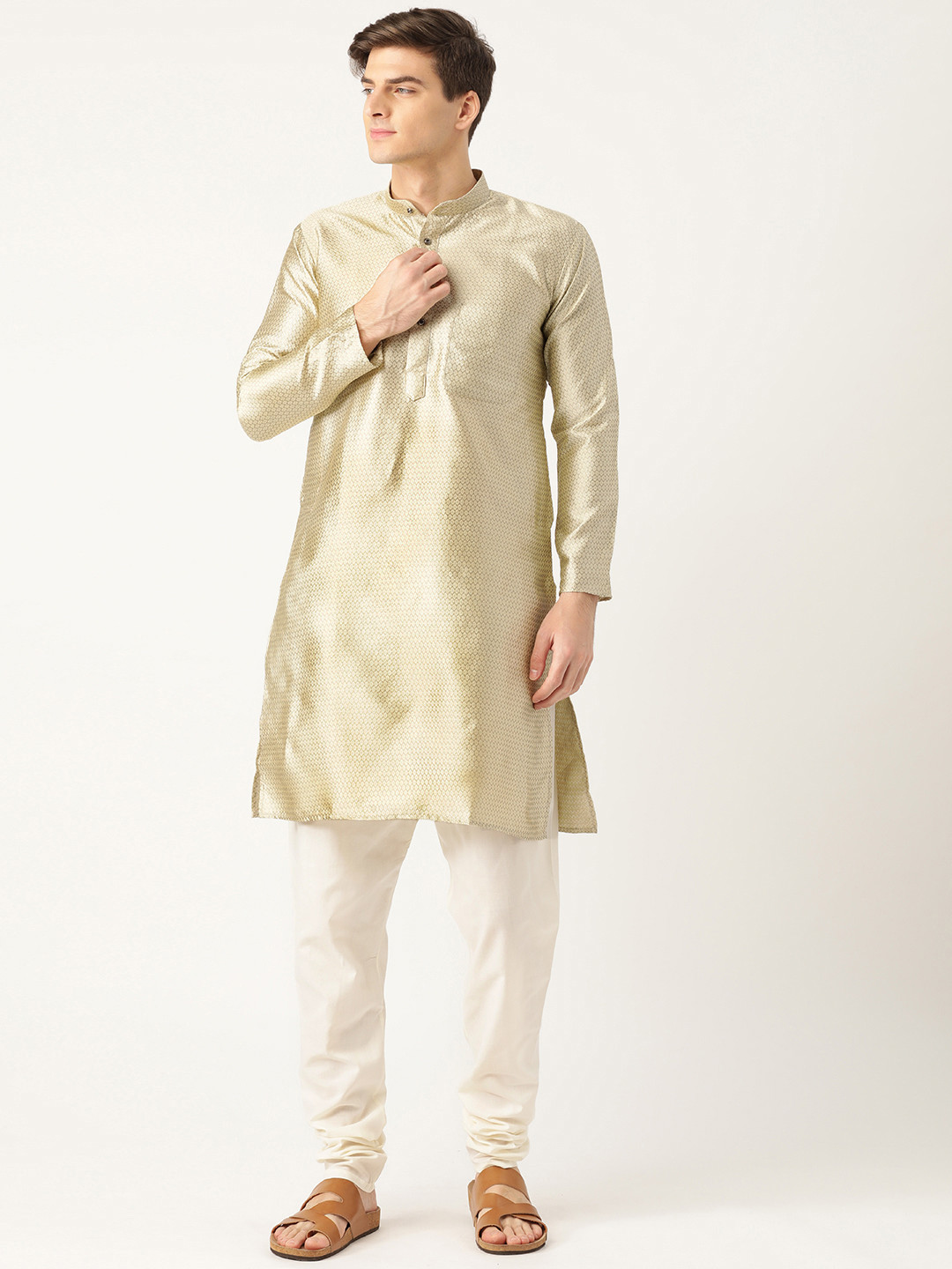 

SOJANYA Men Cream-Coloured & Off-White Woven Design Kurta with Churidar
