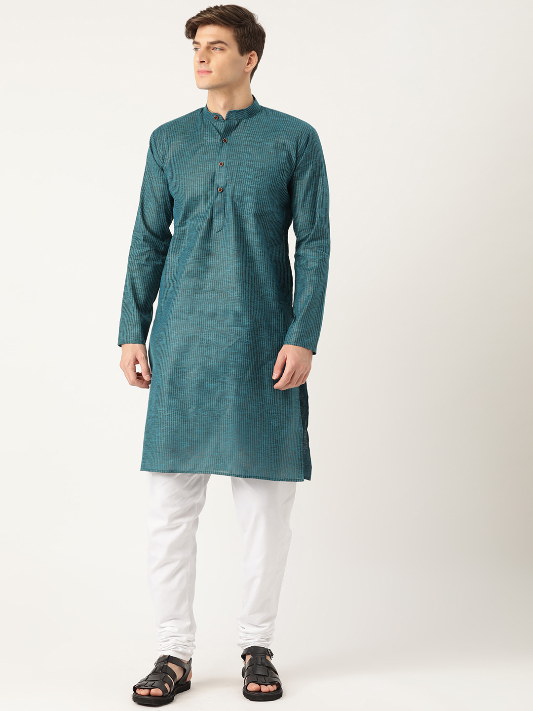 

SOJANYA Men Teal Blue & White Striped Kurta with Churidar