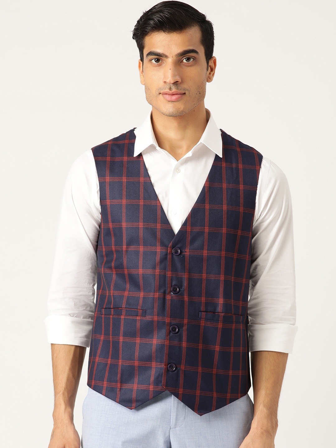 

SOJANYA Men Navy Blue & Red Checked Waistcoat