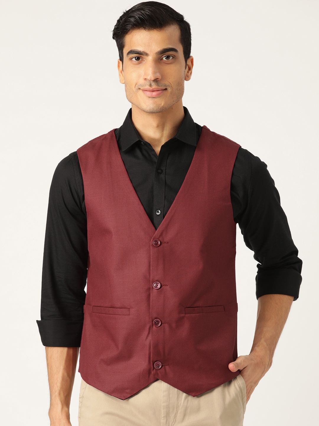 

SOJANYA Men Maroon Solid Waistcoat