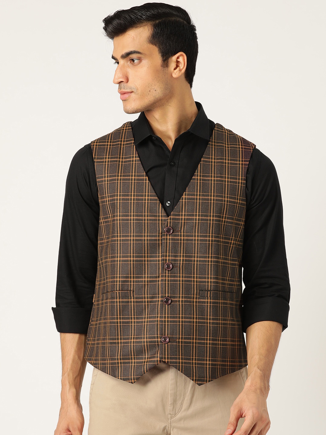 

SOJANYA Men Brown & Mustard Yellow Checked Wasitcoat