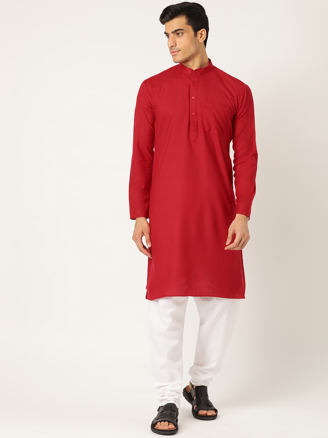 

SOJANYA Men Red & Off-White Solid Kurta with Churidar