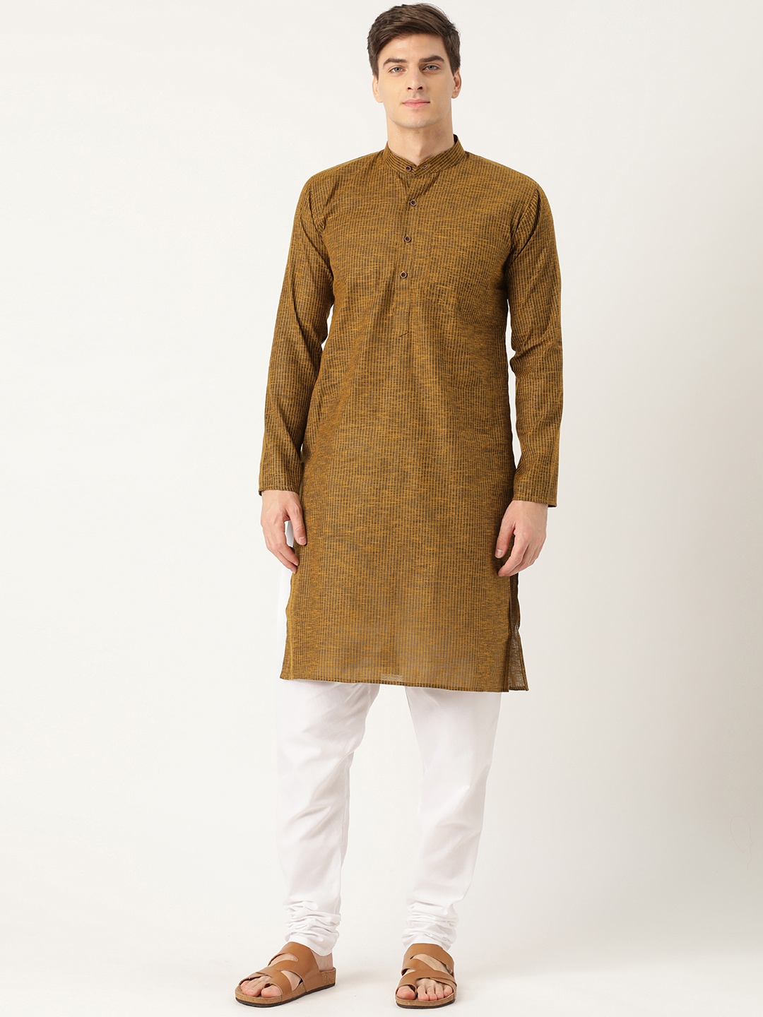 

SOJANYA Men Mustard Brown & White Striped Kurta with Churidar