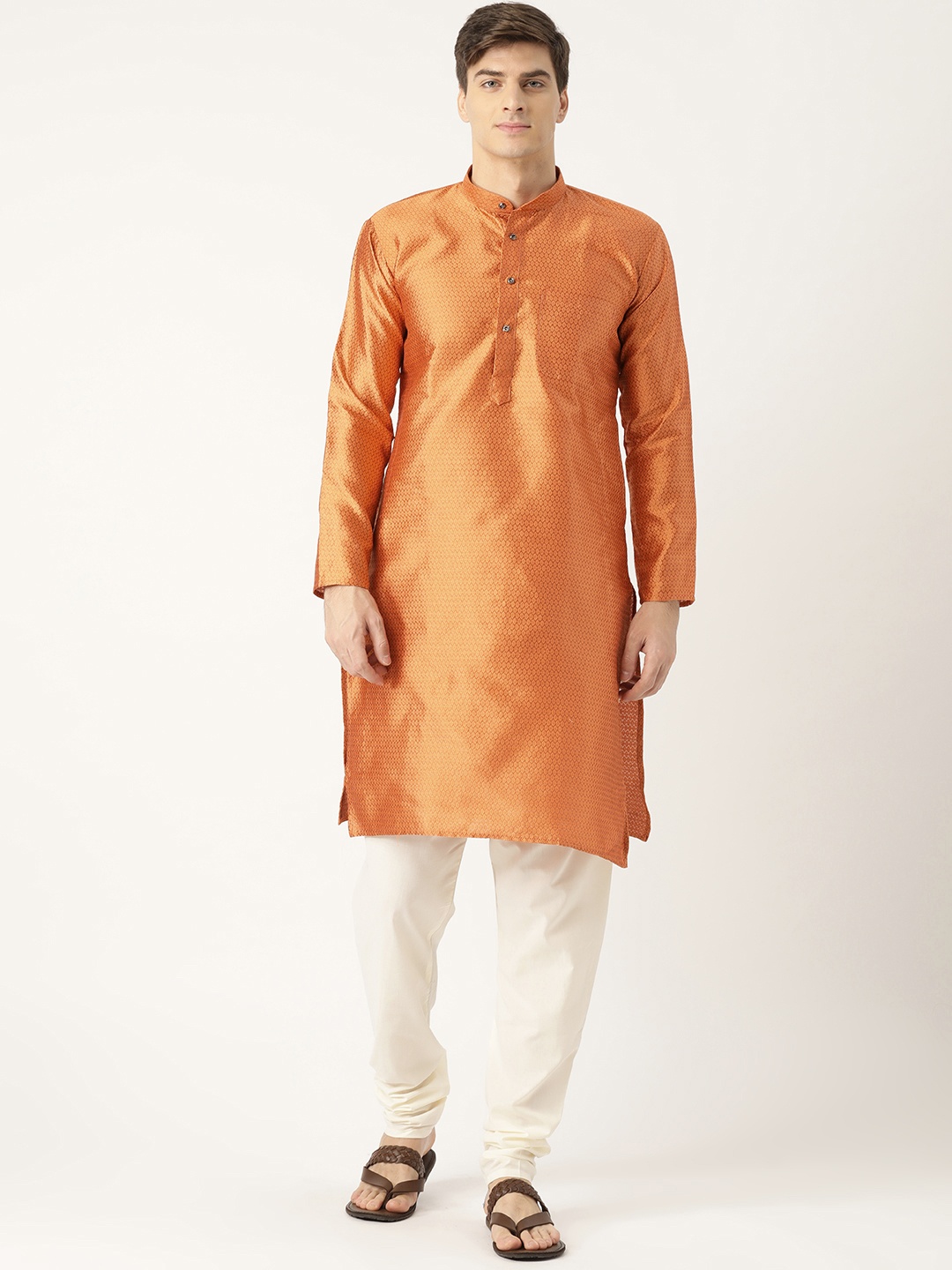 

SOJANYA Men Orange & Off-White Woven Design Kurta with Churidar