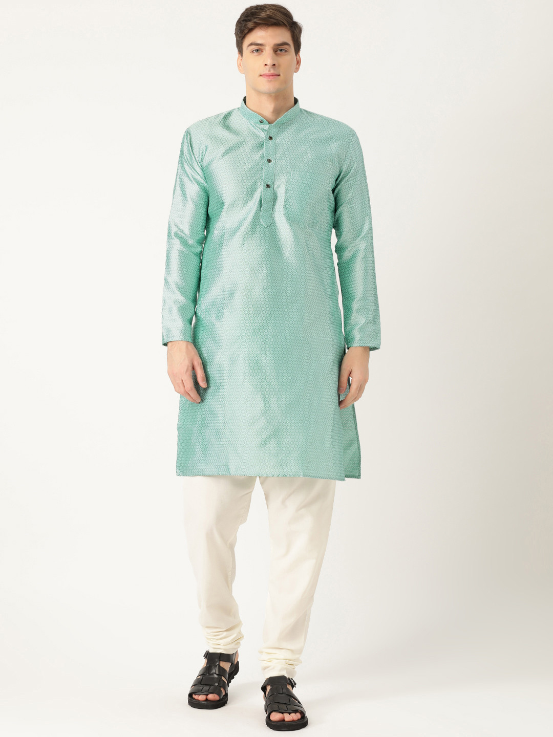 

SOJANYA Men Sea Green & Off-White Woven Design Kurta with Churidar