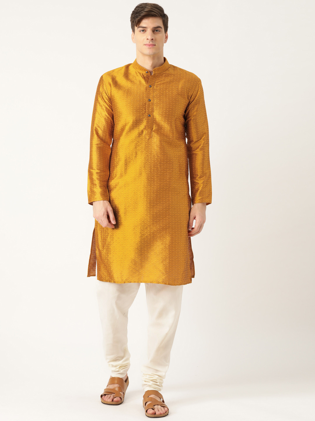 

SOJANYA Men Mustard Yellow & Off-White Woven Design Kurta with Churidar