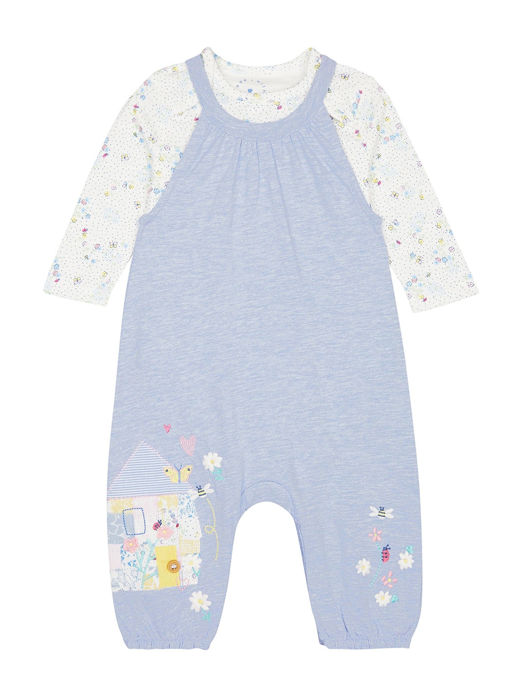 

Mothercare Infant Girls Blue & White Printed Pure Cotton Embroidered Romper With T-Shirt