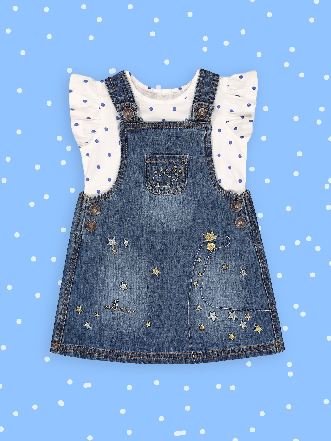 

mothercare Girls Blue Embroidered Pure Cotton Pinafore Dress With Top