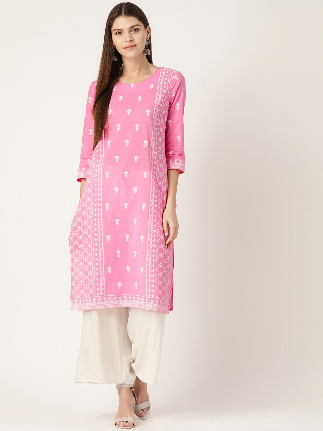 

HERE&NOW Women Pink & White Printed Straight Kurta