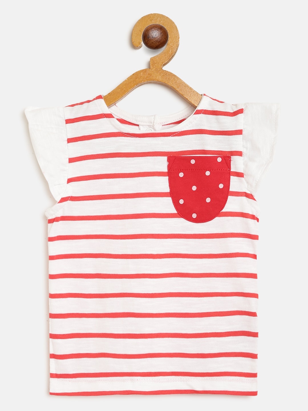 

mothercare Girls White & Red Striped Pure Cotton Cap Sleeves Top with Pocket Detail