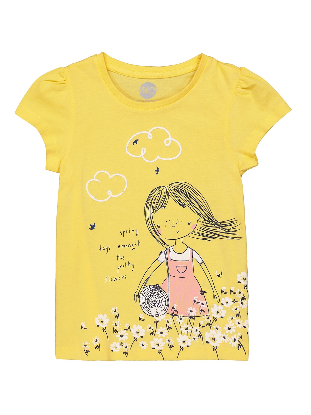 

mothercare Girls Yellow Graphic Floral Printed Pure Cotton T-shirt