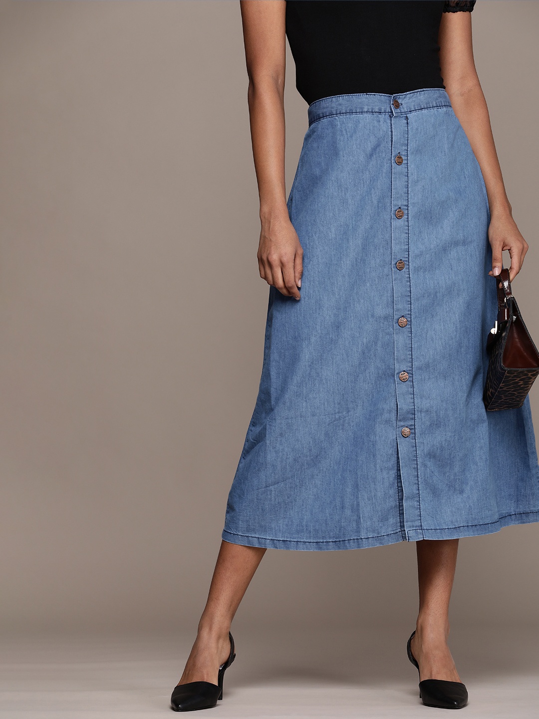 

High Star Women Blue Washed Midi Denim A-Line Skirt