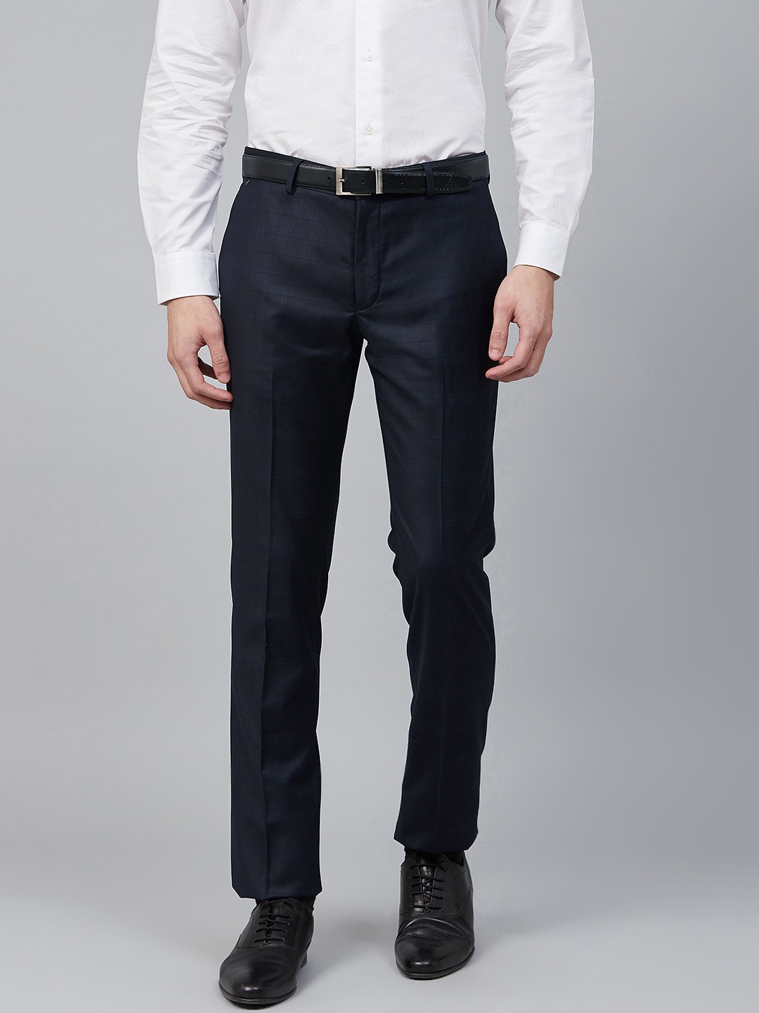 

Blackberrys Men Navy Blue Skinny Fit Checked Formal Trousers