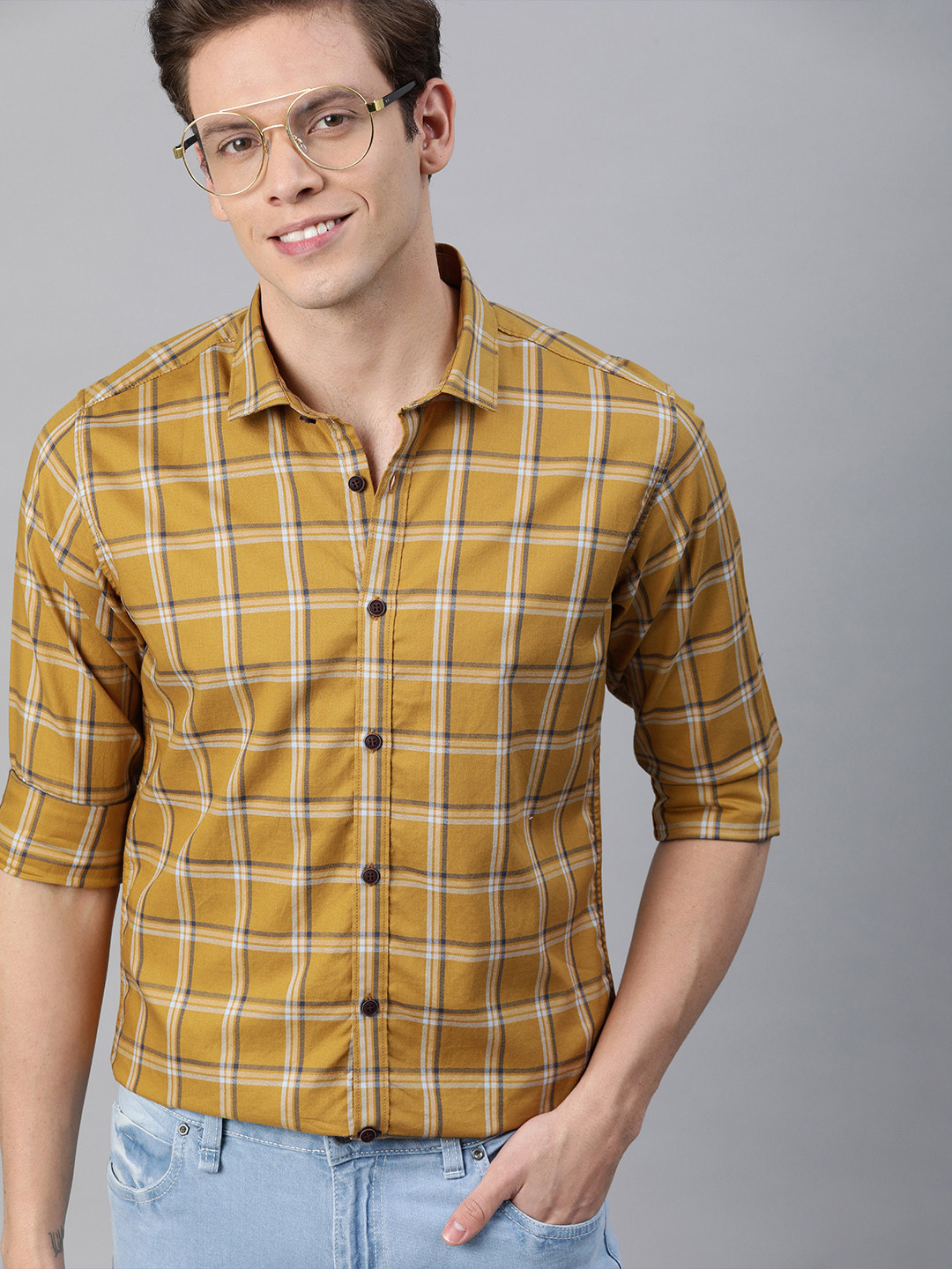 

Mast & Harbour Men Mustard Yellow & White Regular Fit Checked Smart Casual Shirt