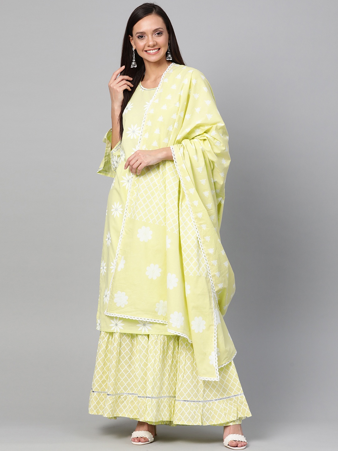 

HERE&NOW Women Lime Green & White Printed Kurta with Palazzos & Dupatta