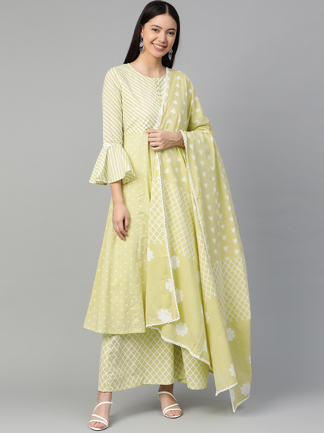 

HERE&NOW Women Lime Green & Off-White Printed Kurta with Palazzos & Dupatta